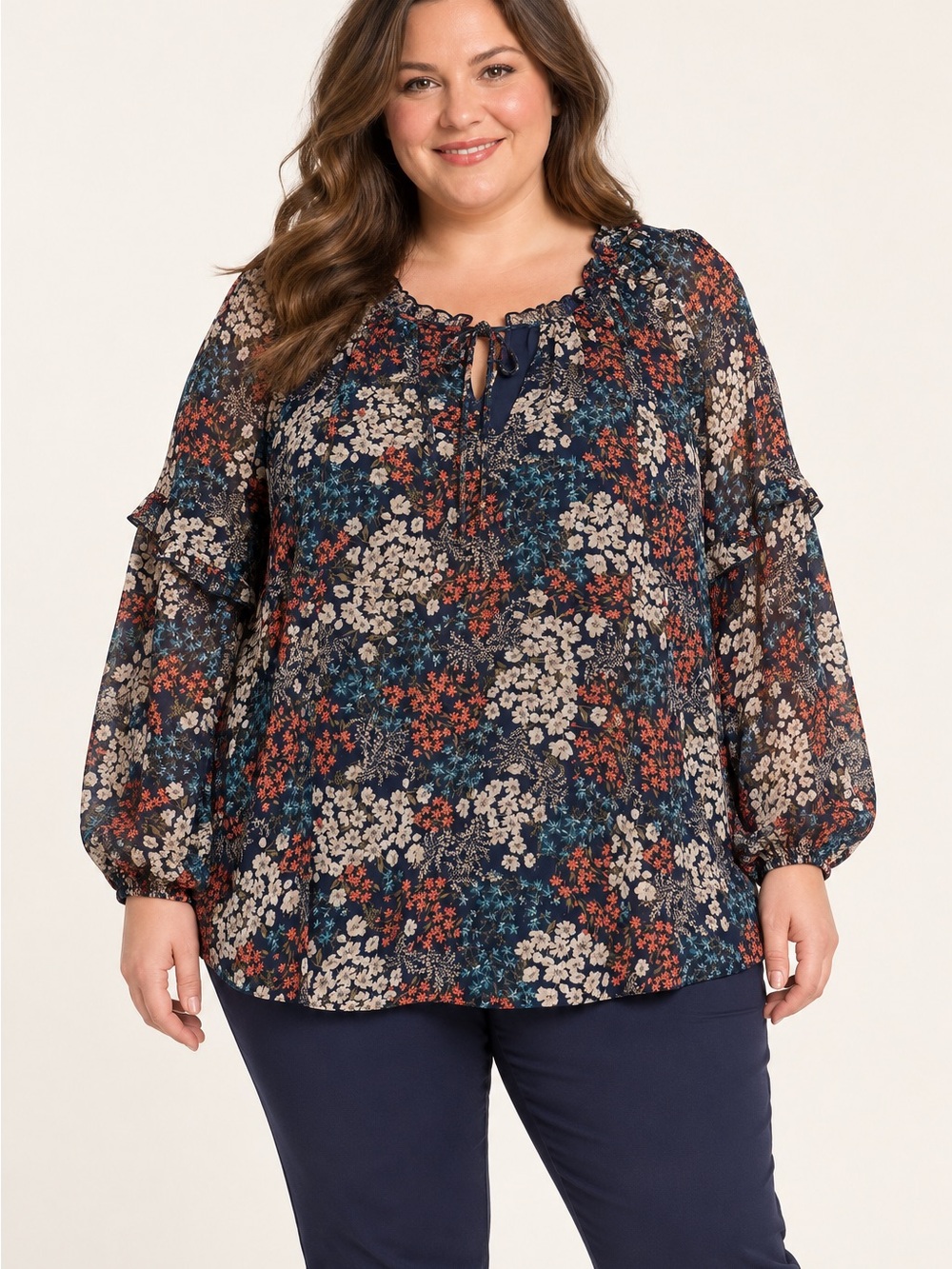 Wonderly Navy Multi Floral Tie-Neck Blouse